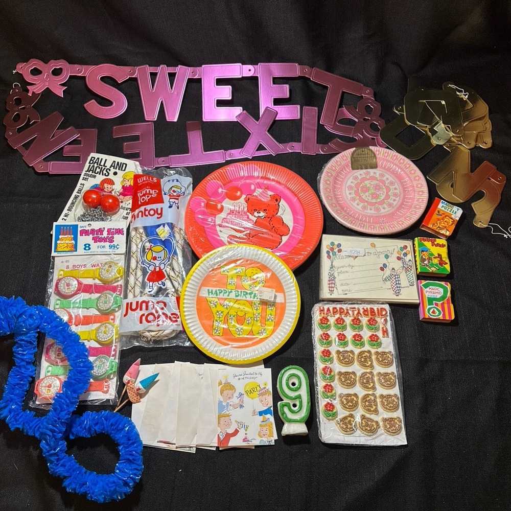 NOS Vintage Retro 1970's Child's Birthday Party Plates, Loot Bag Toys & More